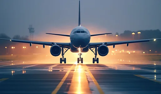 Airplane on runway at Miami International Airport during evening.